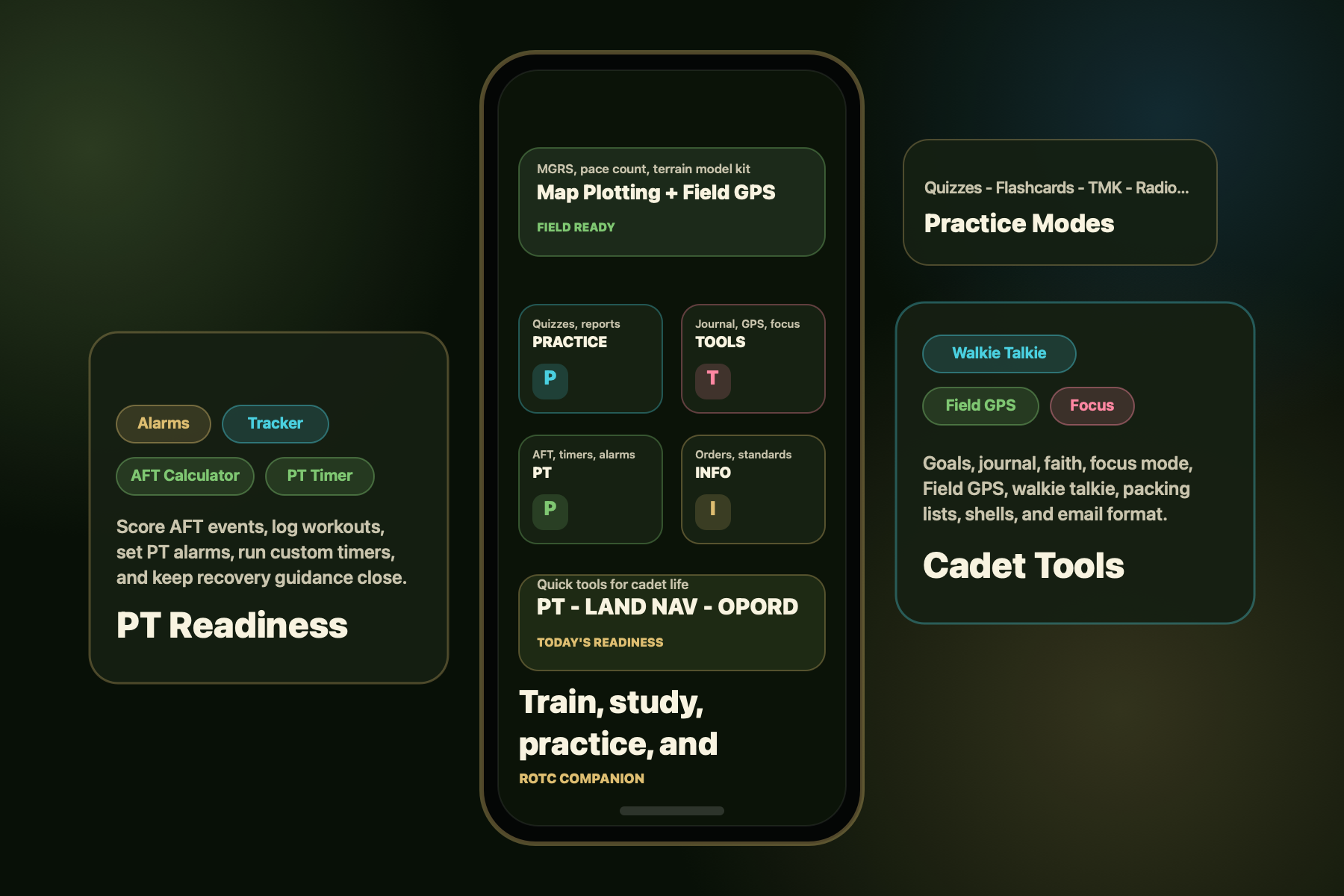 ROTC Companion app preview showing PT readiness, cadet tools, practice modes, and field tools.